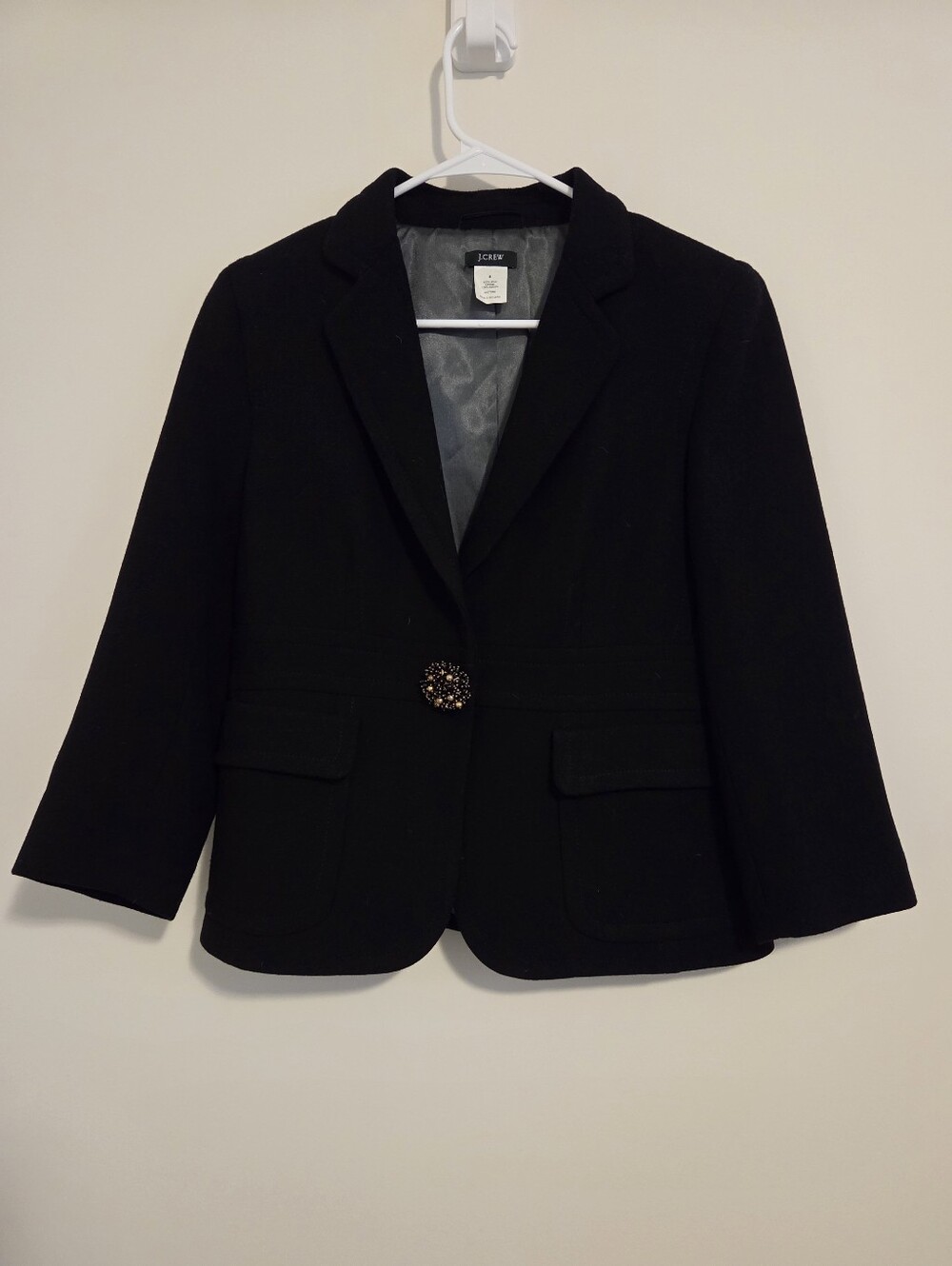 J.Crew Black Wool Tailored Blazer Large Jeweled Cluster Button